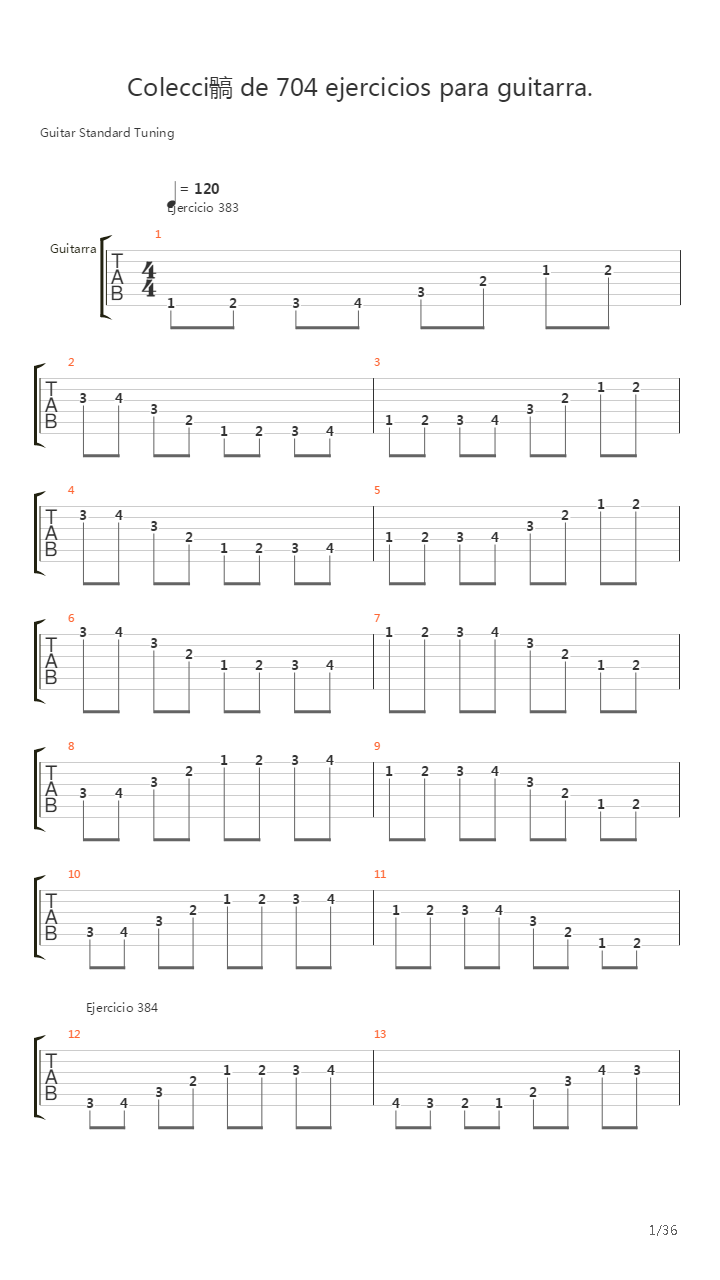 704 exercises for guitar, 1-96 - Exercises 383-416吉他谱