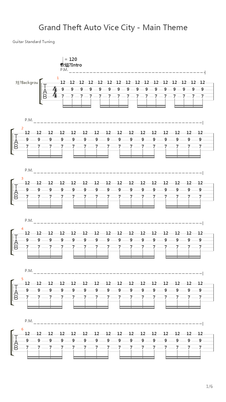 GTA(侠盗猎车手：罪恶都市) - Theme吉他谱
