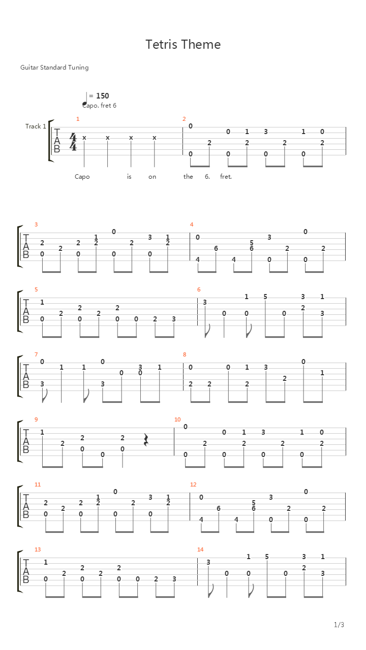 Tetris (俄罗斯方块) - Classical Solo Arrangement吉他谱