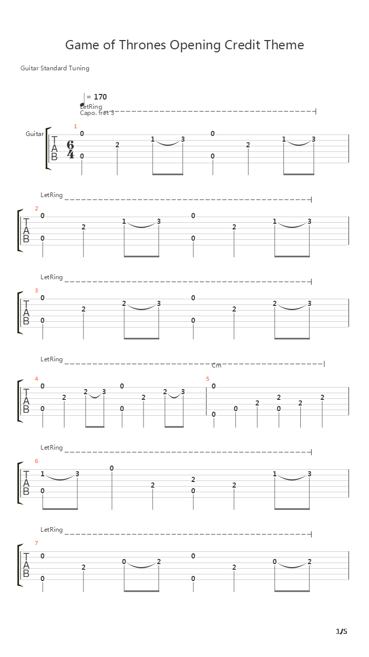 Game of Thrones(冰与火之歌：权利的游戏) - Theme吉他谱