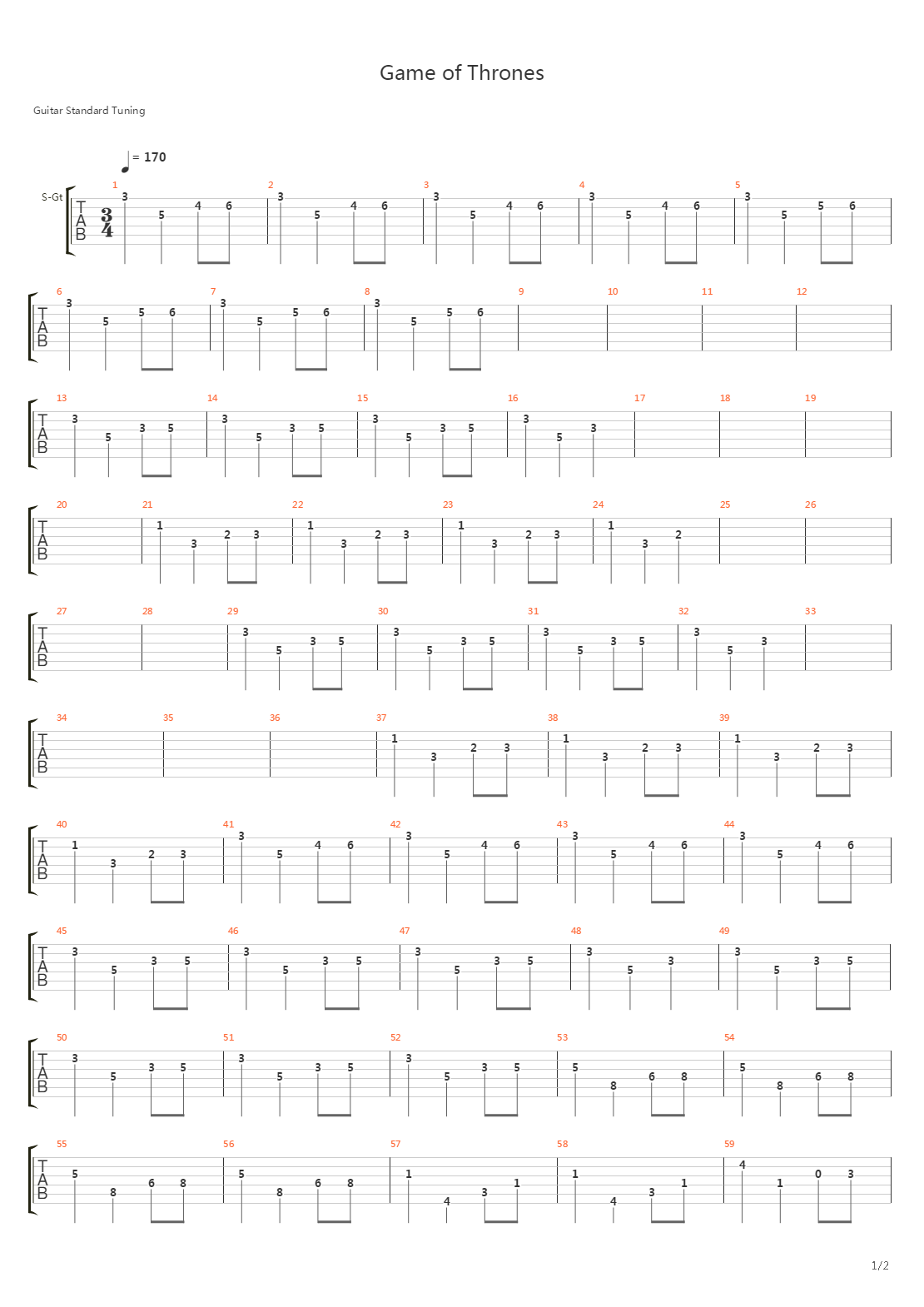 Game of Thrones(冰与火之歌：权利的游戏) - Theme吉他谱