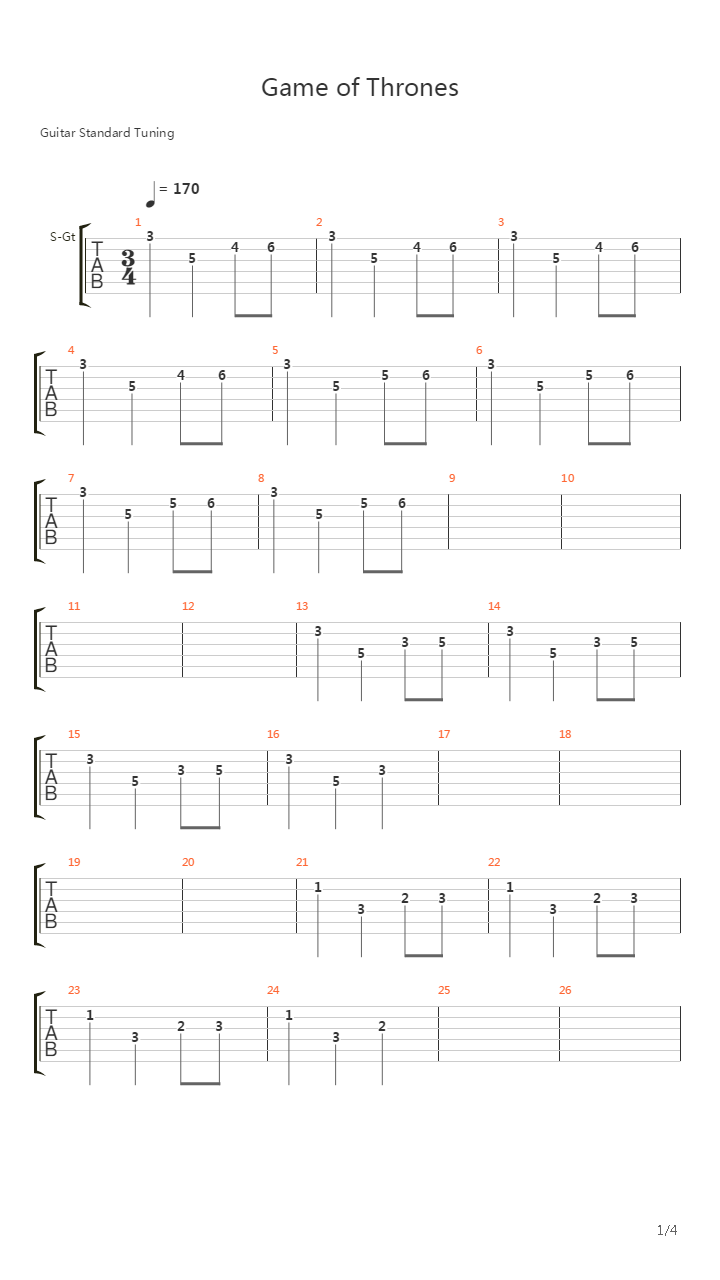 Game of Thrones(冰与火之歌：权利的游戏) - Theme吉他谱