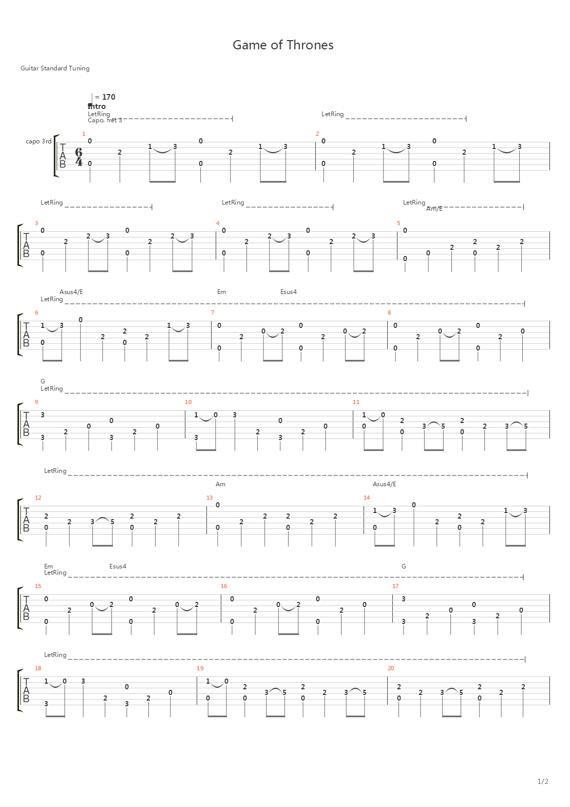 Game of Thrones(冰与火之歌：权利的游戏) - Main Title吉他谱