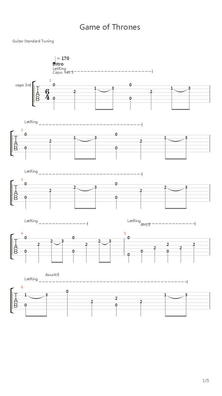Game of Thrones(冰与火之歌：权利的游戏) - Main Title吉他谱