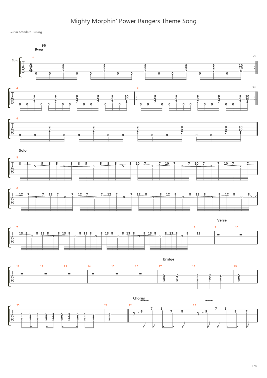 Mighty Morphin Power Rangers(恐龙战队) - Theme吉他谱