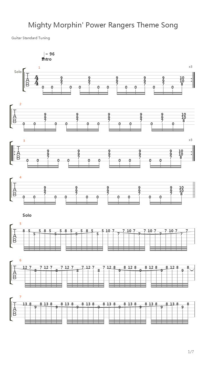 Mighty Morphin Power Rangers(恐龙战队) - Theme吉他谱