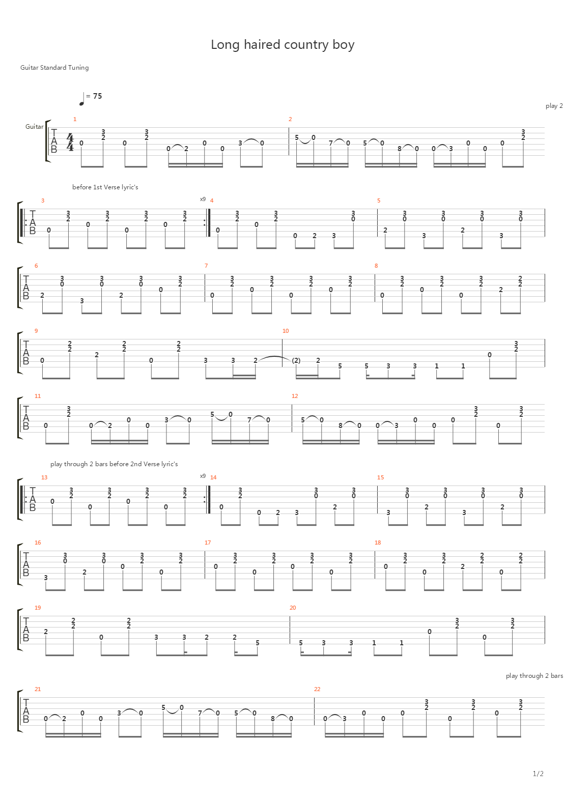 Long Haired Country Boy吉他谱