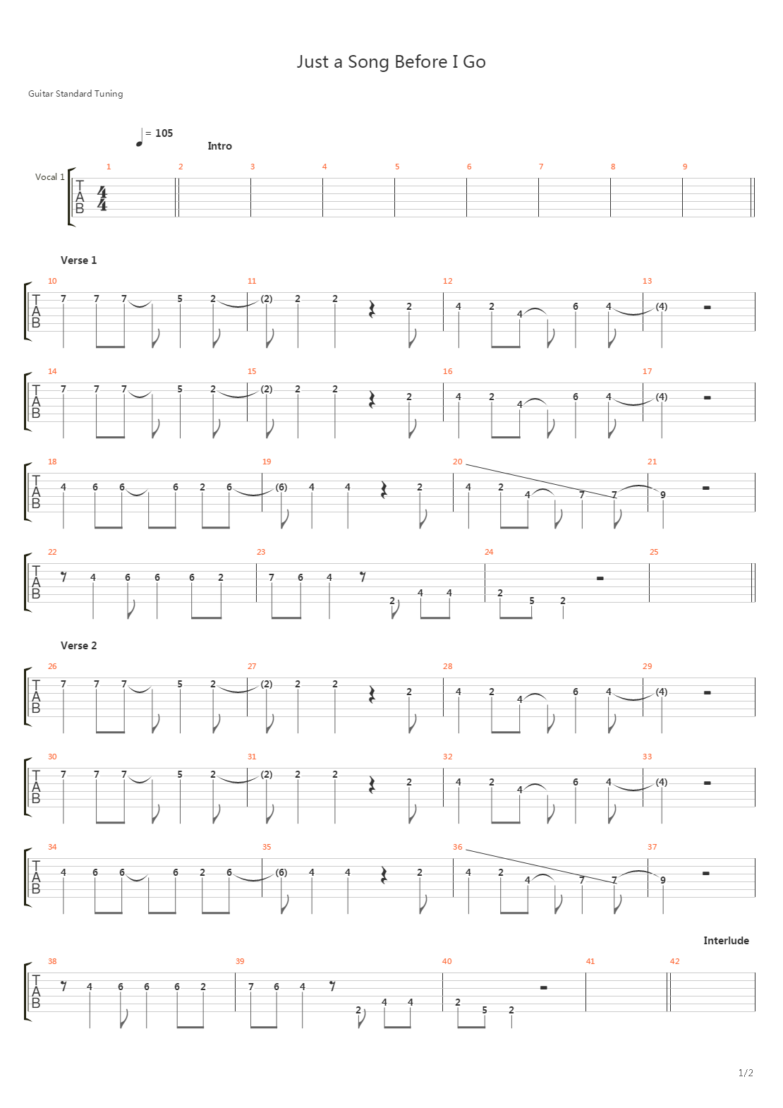 Just A Song Before I Go吉他谱