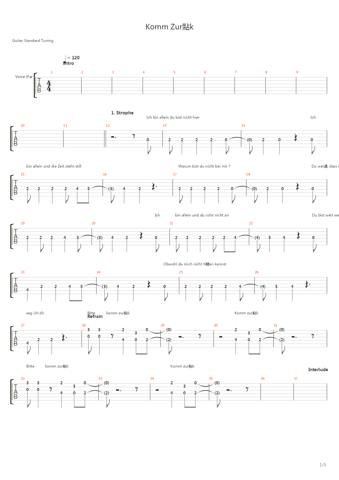 Komm Zurck吉他谱