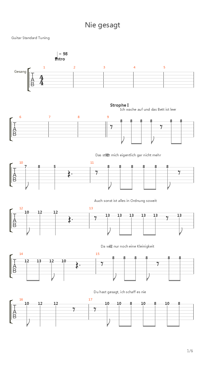 Nie Gesagt吉他谱