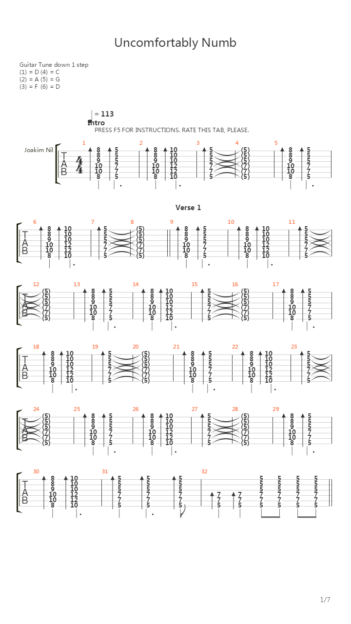 Uncomfortably Numb吉他谱