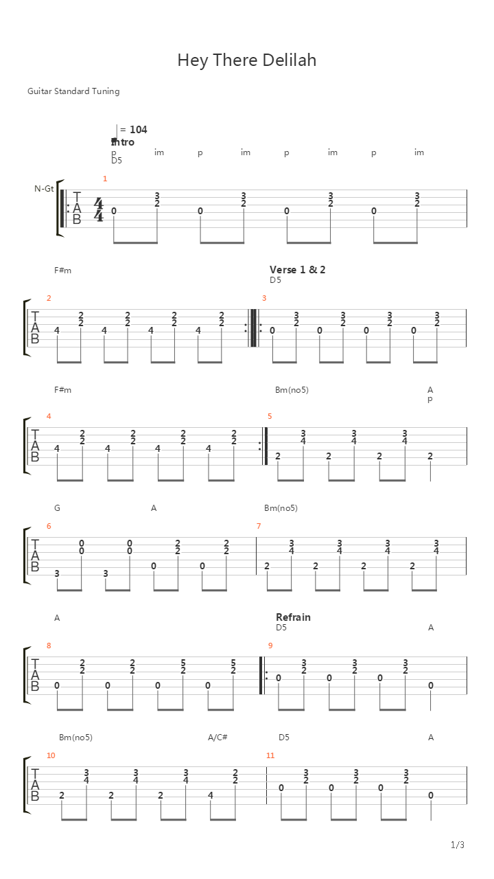 Hey There Delilah Live吉他谱