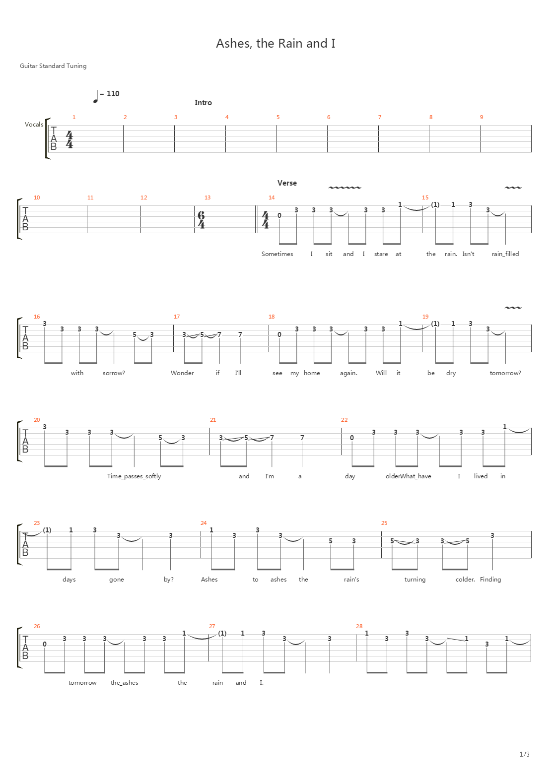 Ashes The Rain And I吉他谱