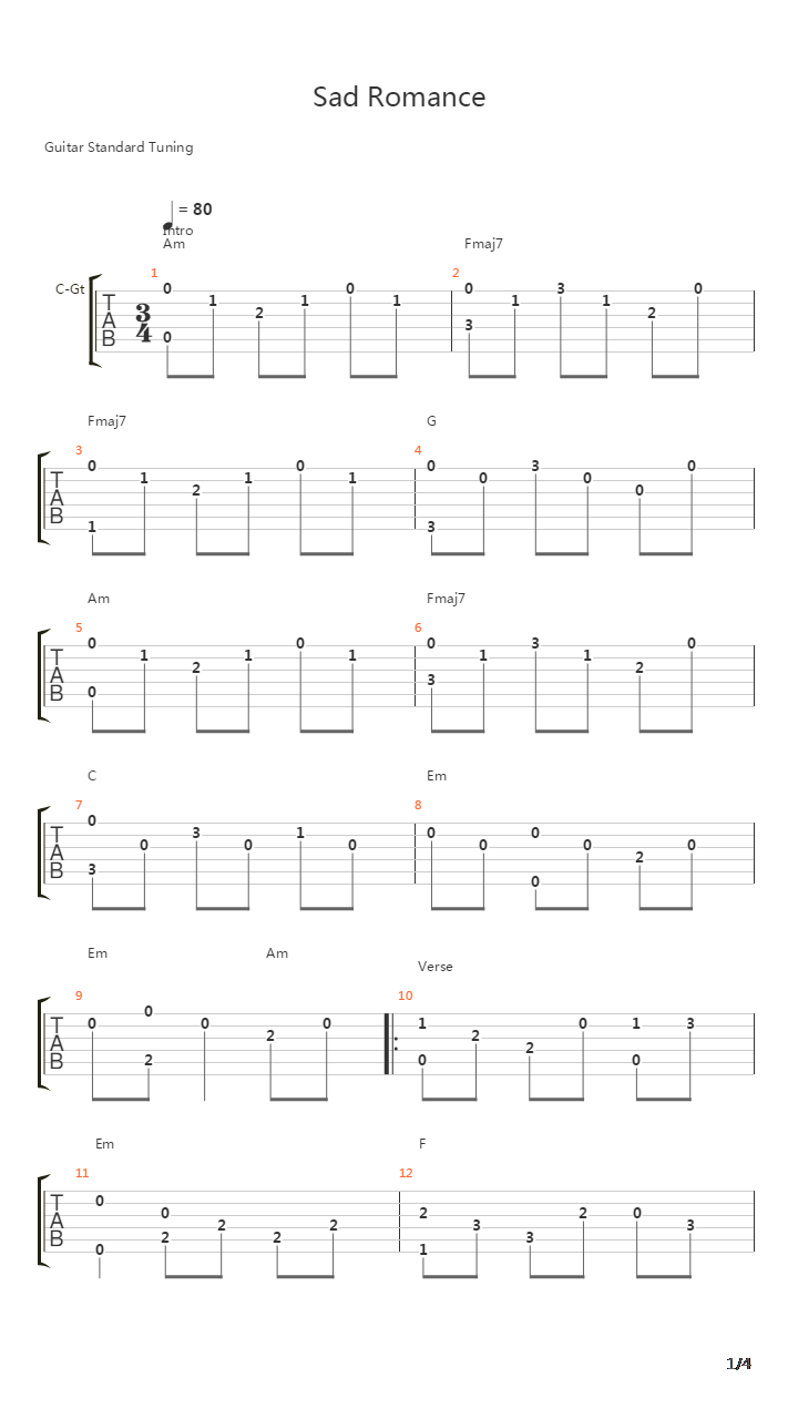 Over The Green Fields - Sad Romance吉他谱