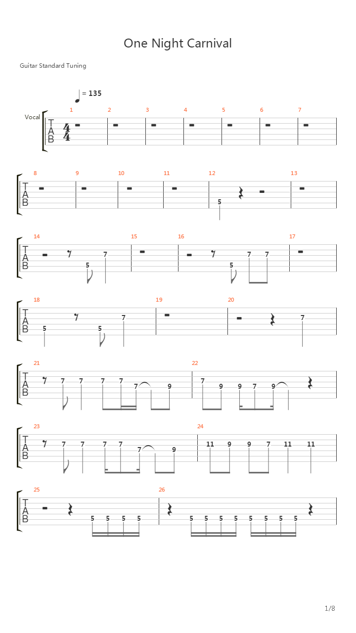 One Night Carnival吉他谱