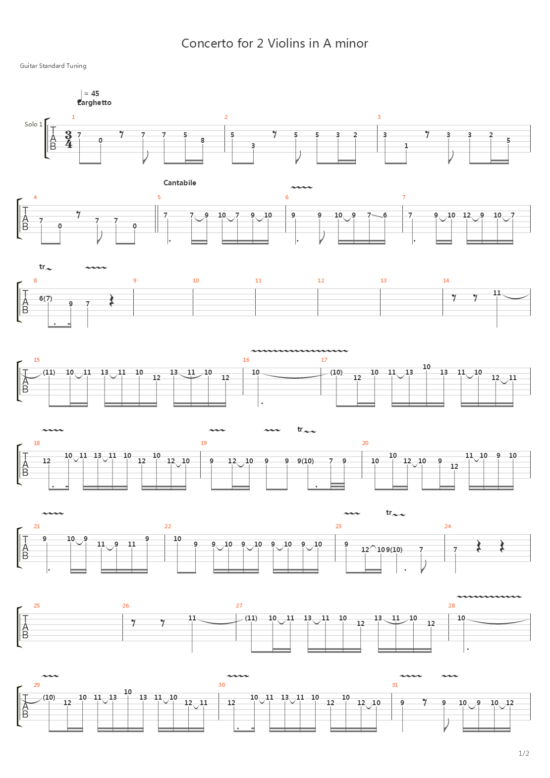 Concerto For 2 Violins In A Minor 2Nd Movement吉他谱