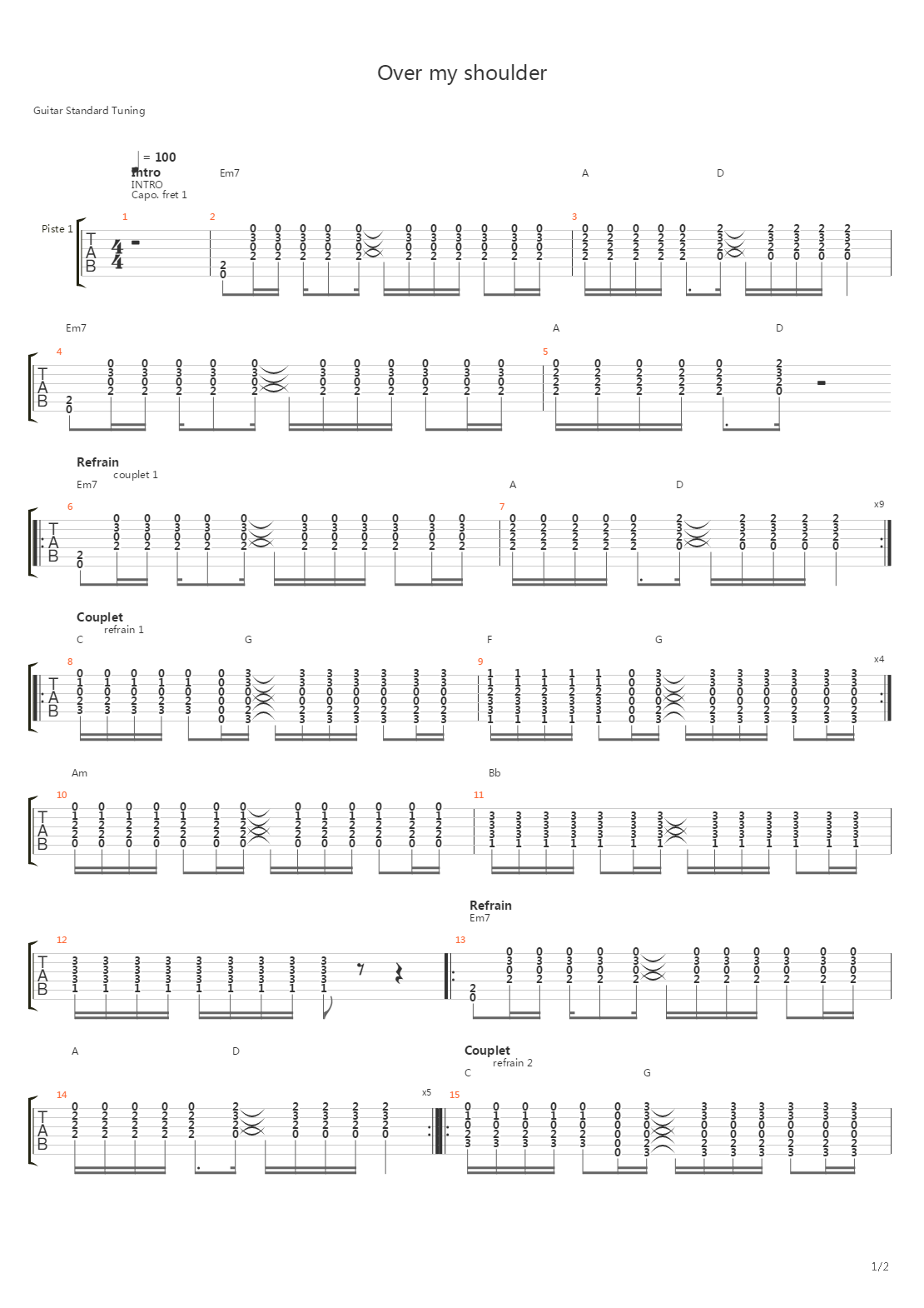 Over My Shoulder吉他谱