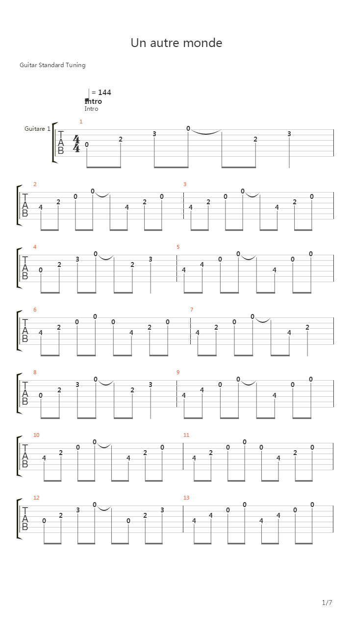 Un Autre Monde吉他谱
