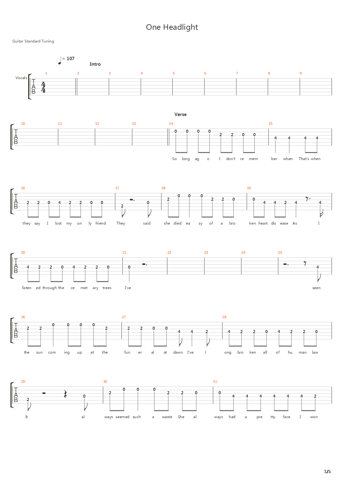 One Headlight吉他谱