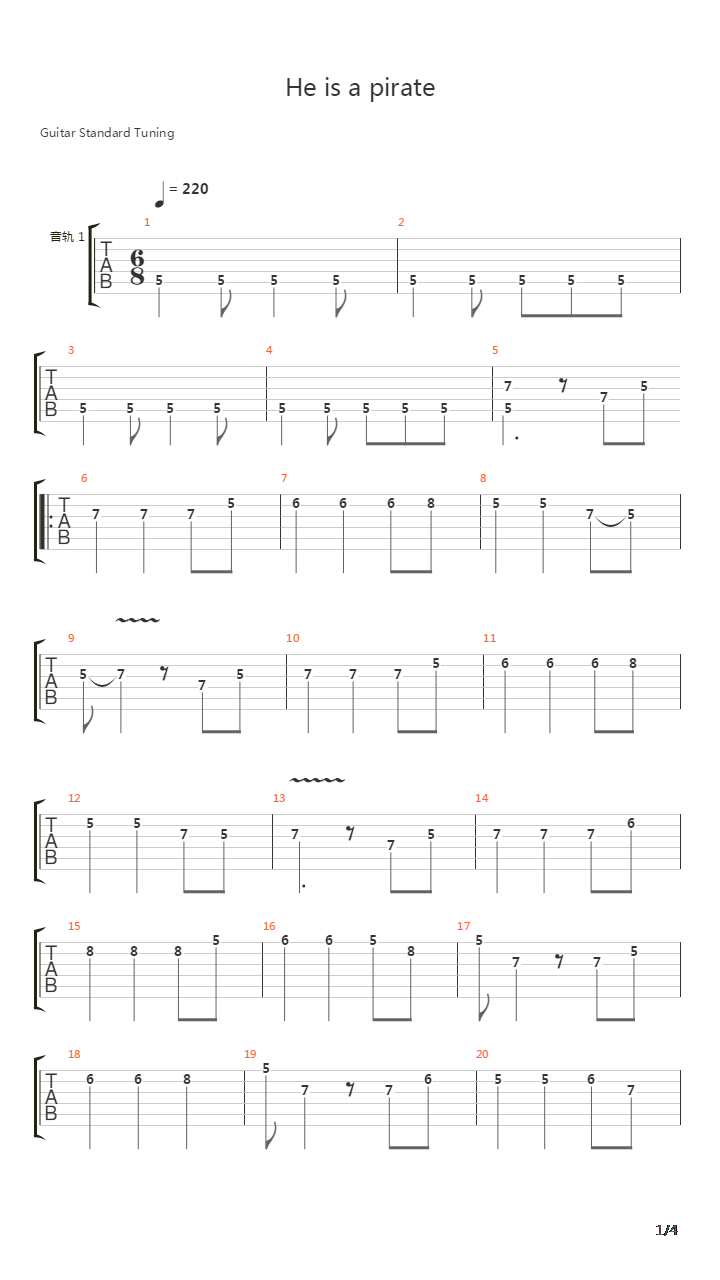 加勒比海盗(Pirates Of The Caribbean) - He's A Pirate吉他谱