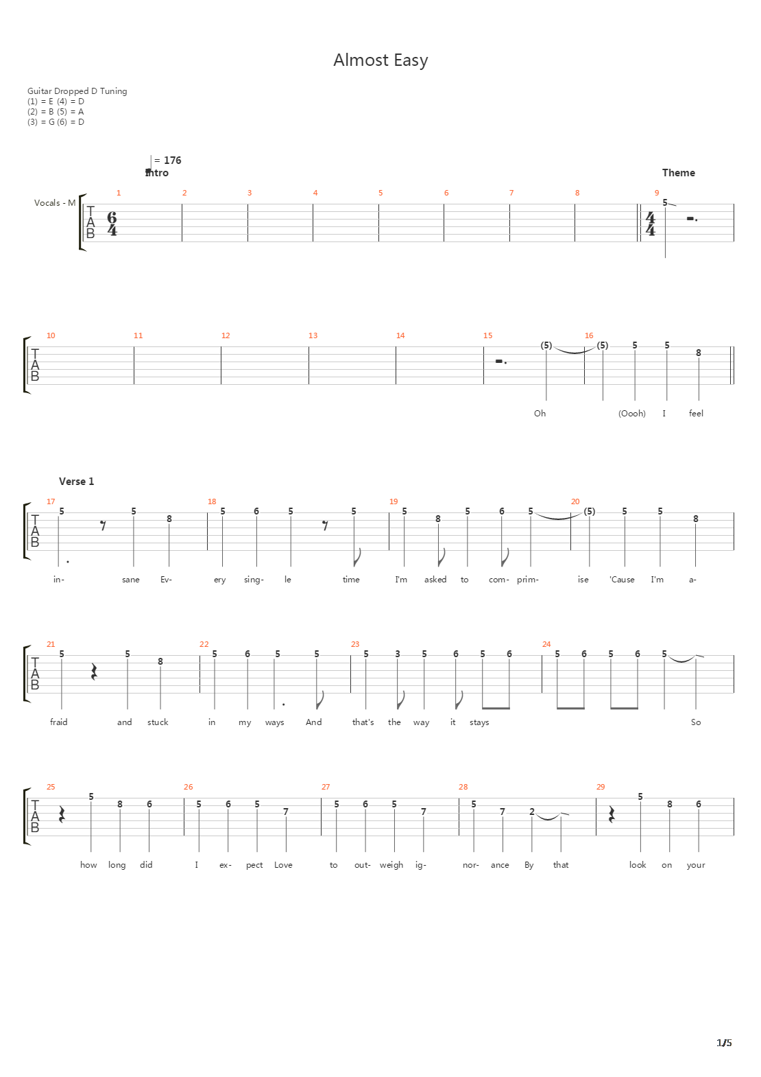 Almost Easy (Drop D)吉他谱