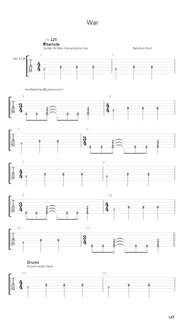 War吉他谱