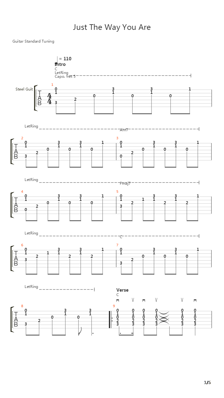 Just The Way You Are (Easy Guitar Version)吉他谱