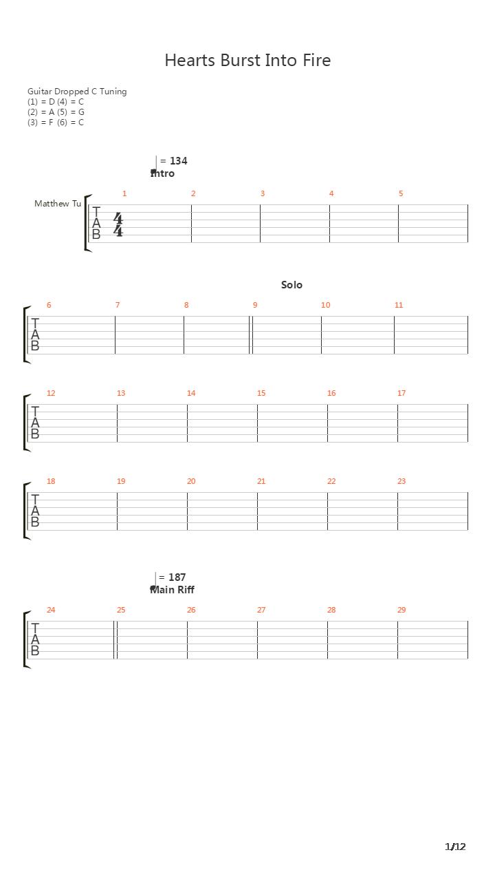 Hearts Burst Into Fire吉他谱