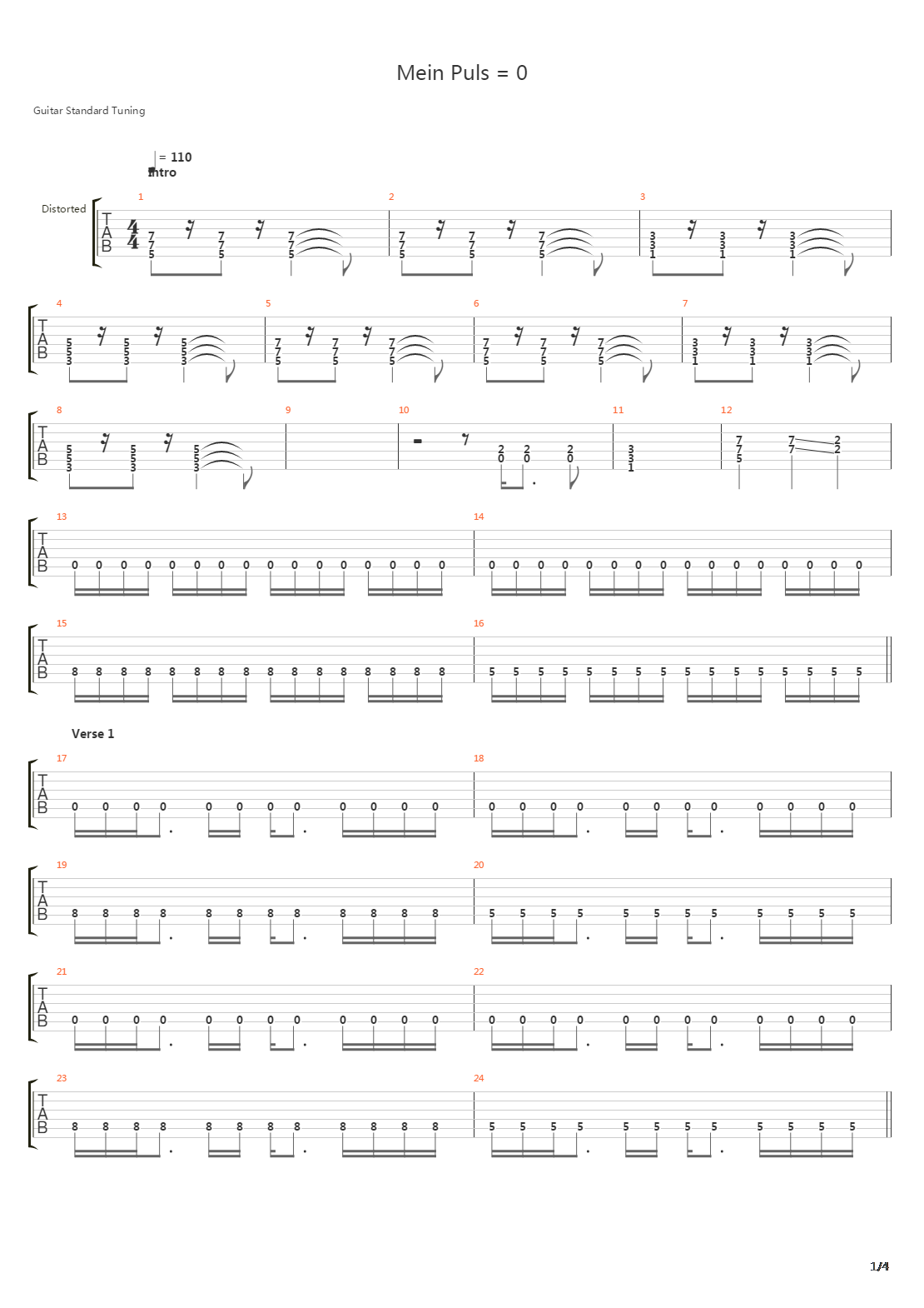 Mein Puls = 0吉他谱