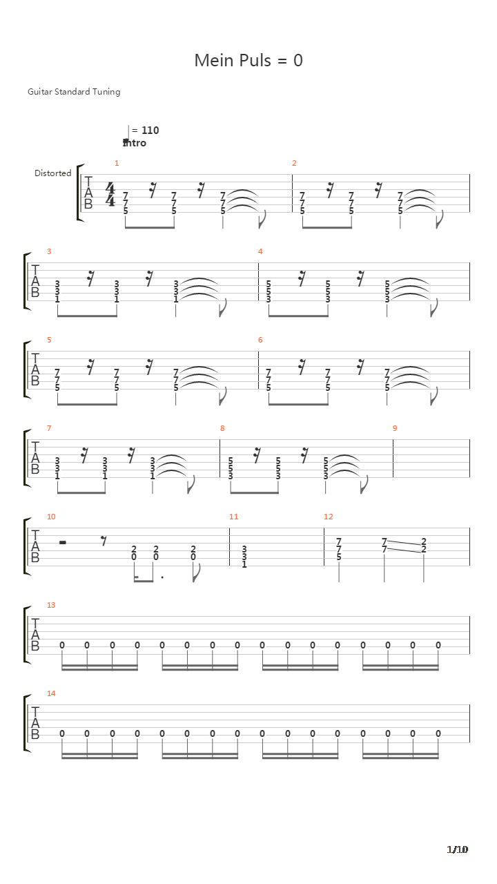 Mein Puls = 0吉他谱