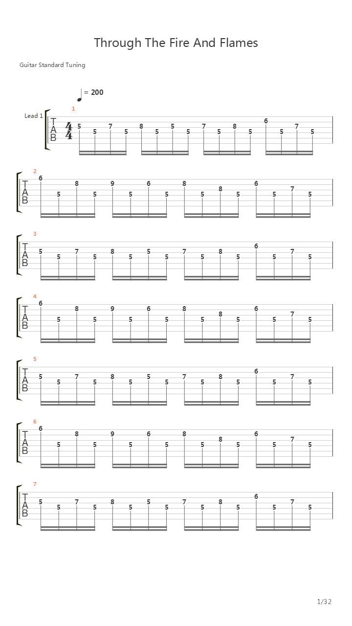 Through The Fire And Flames (One Guitar)吉他谱