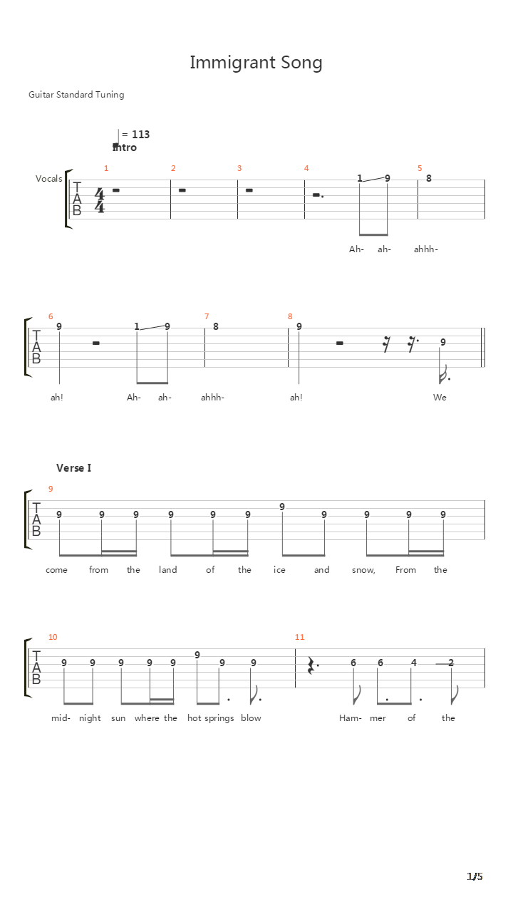 Immigrant Song吉他谱