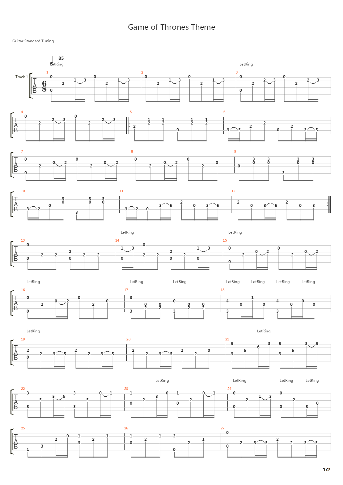 Game of Thrones(冰与火之歌：权利的游戏) - Theme吉他谱