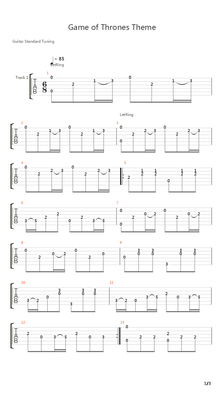Game of Thrones(冰与火之歌：权利的游戏) - Theme吉他谱