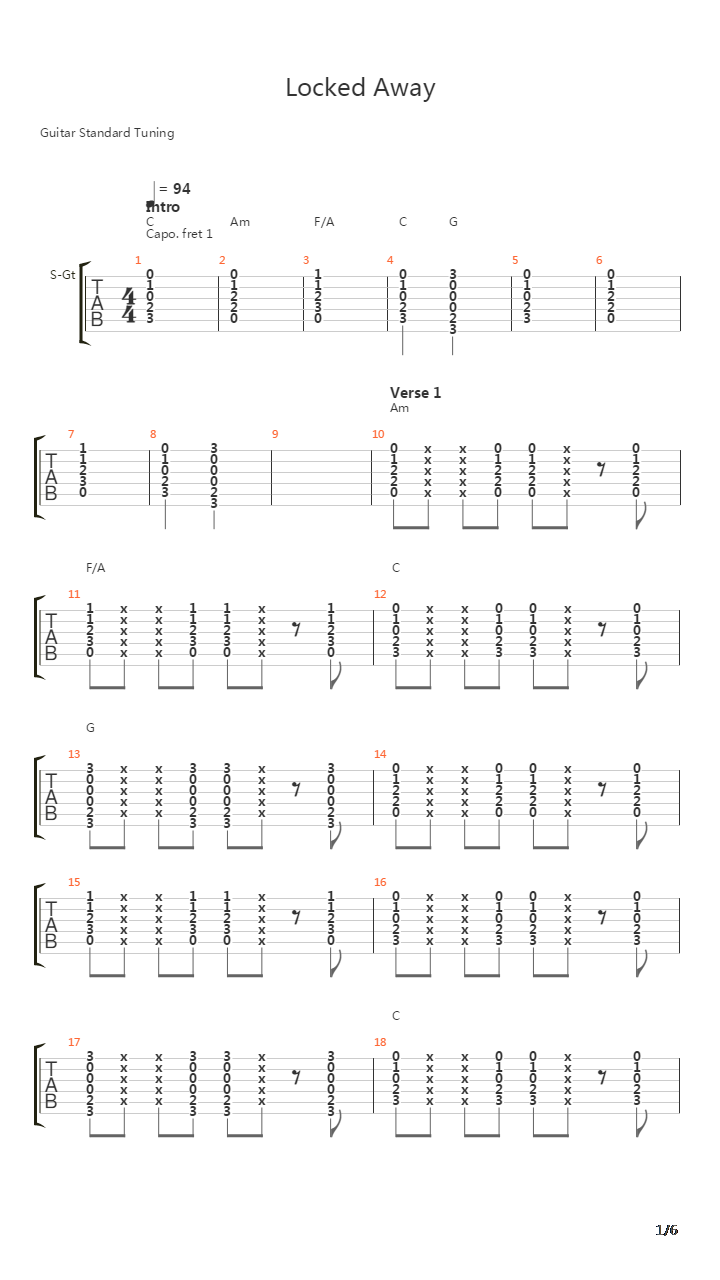 Locked Away吉他谱