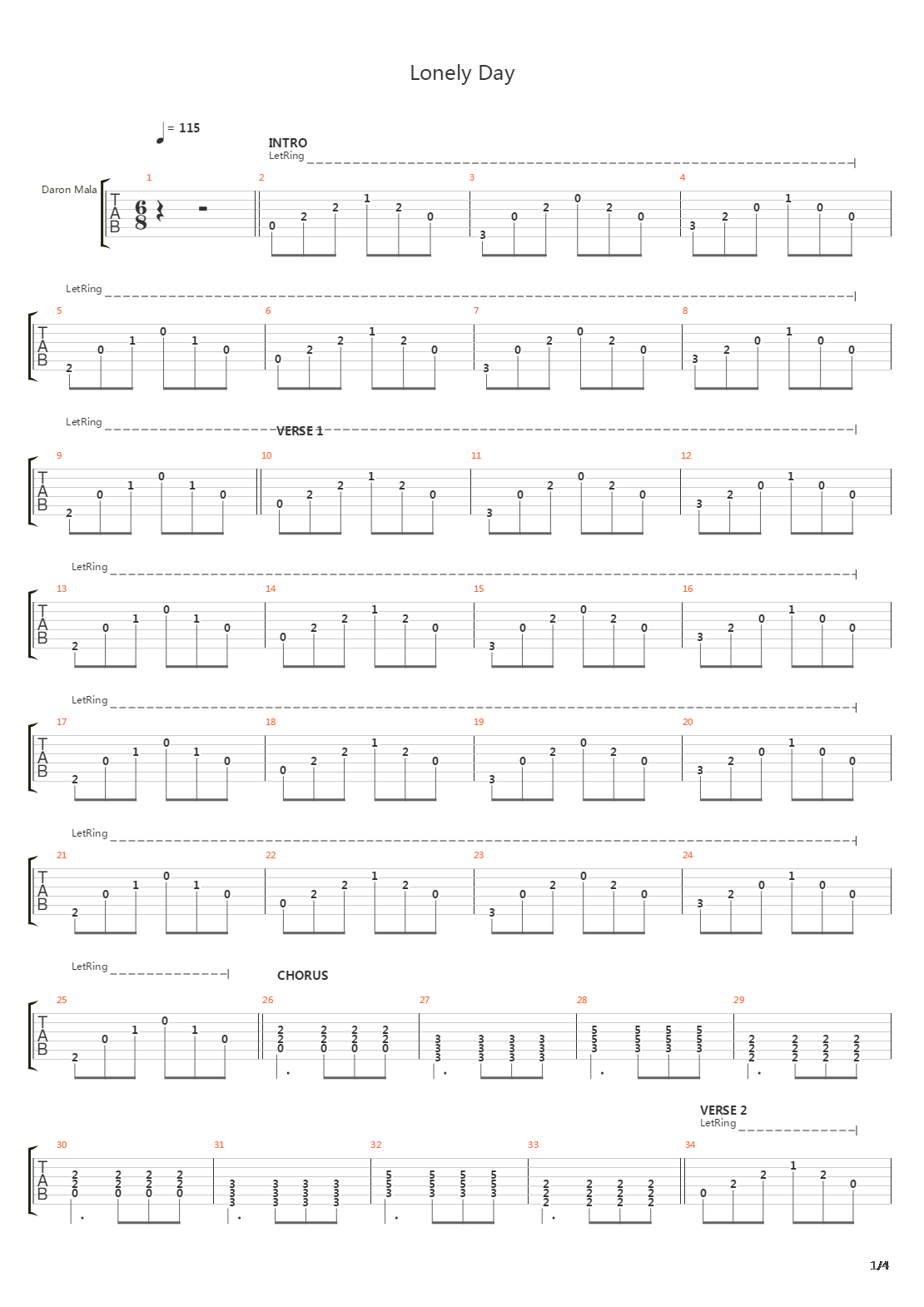 Lonely Day吉他谱