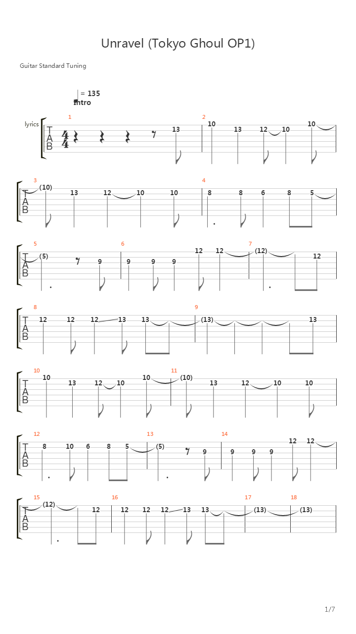 Unravel(东京食尸鬼)吉他谱