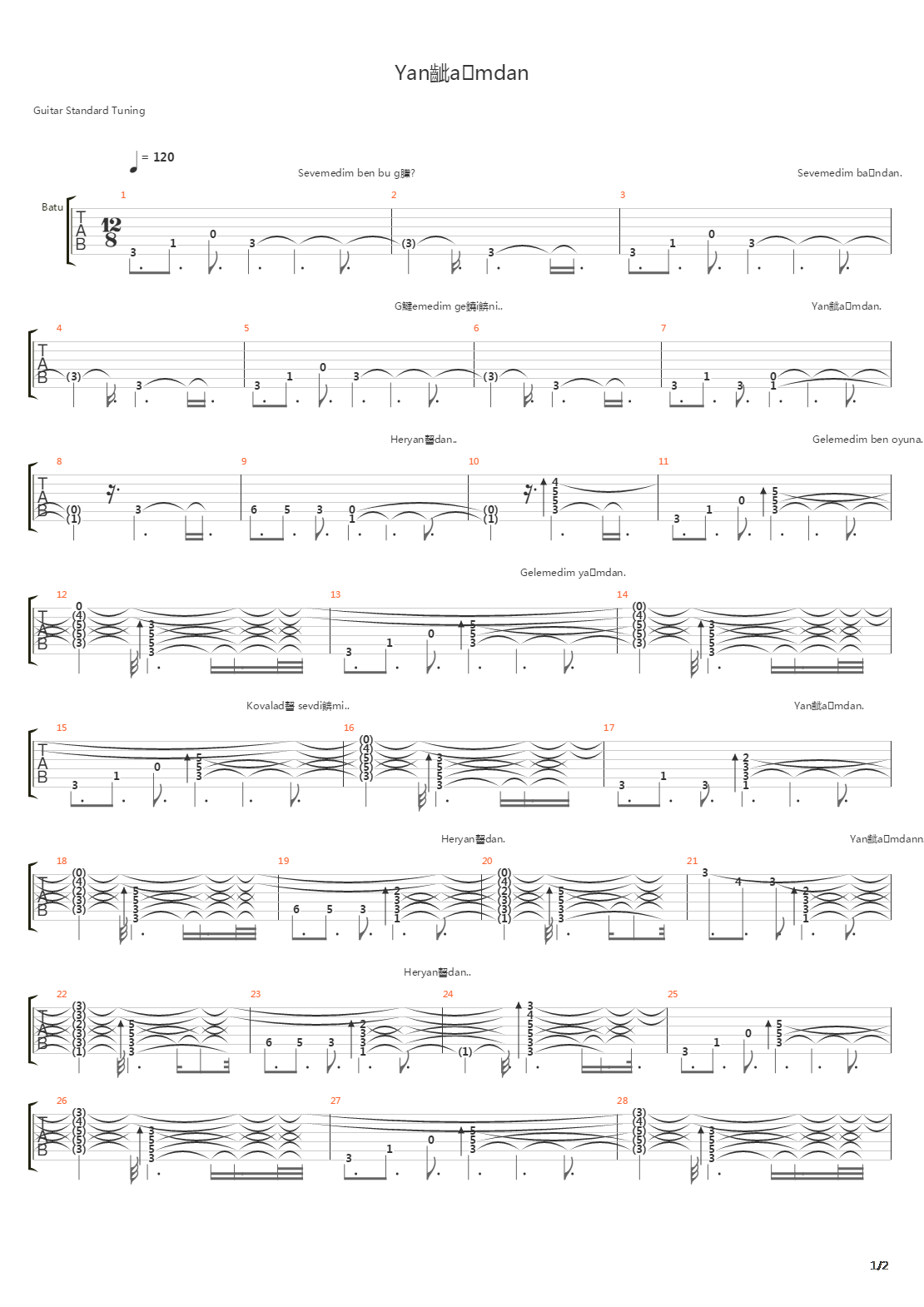 Yanibasimdan吉他谱
