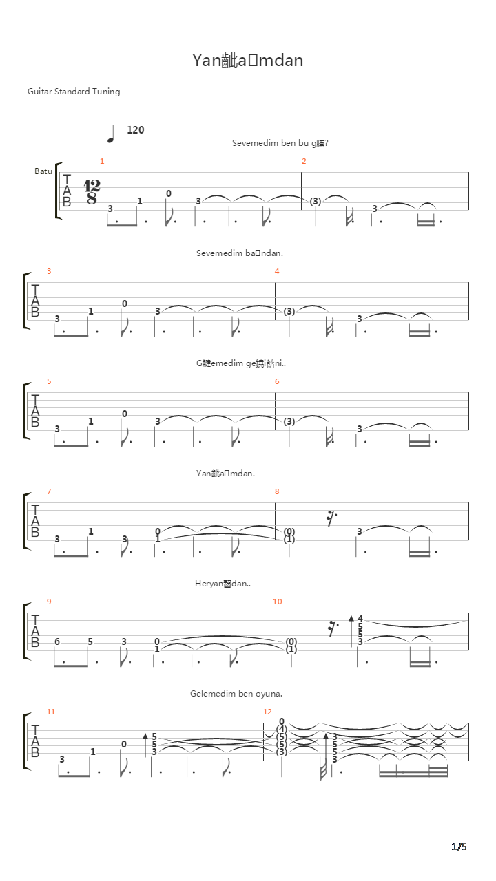 Yanibasimdan吉他谱