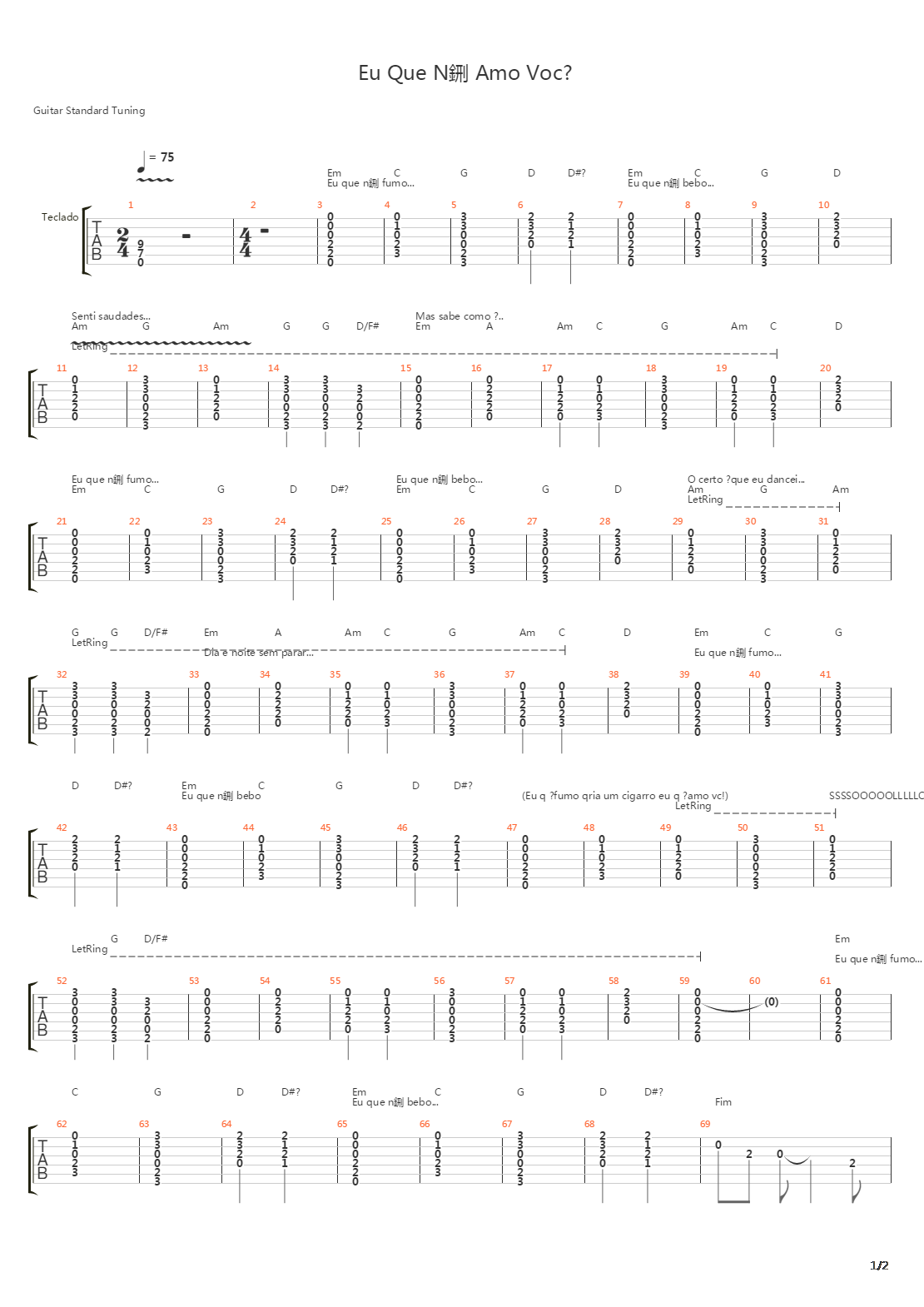 Eu Que Não Amo Você吉他谱