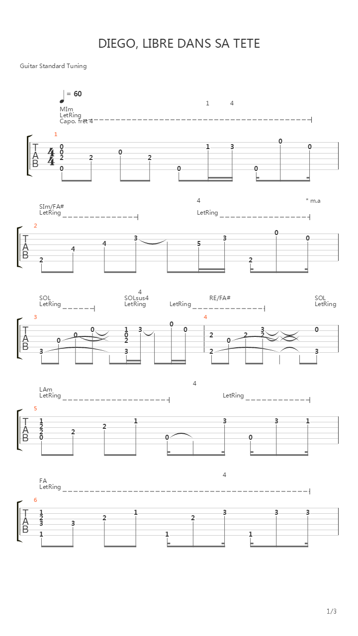 Diego, Libre Dans Sa Tête吉他谱