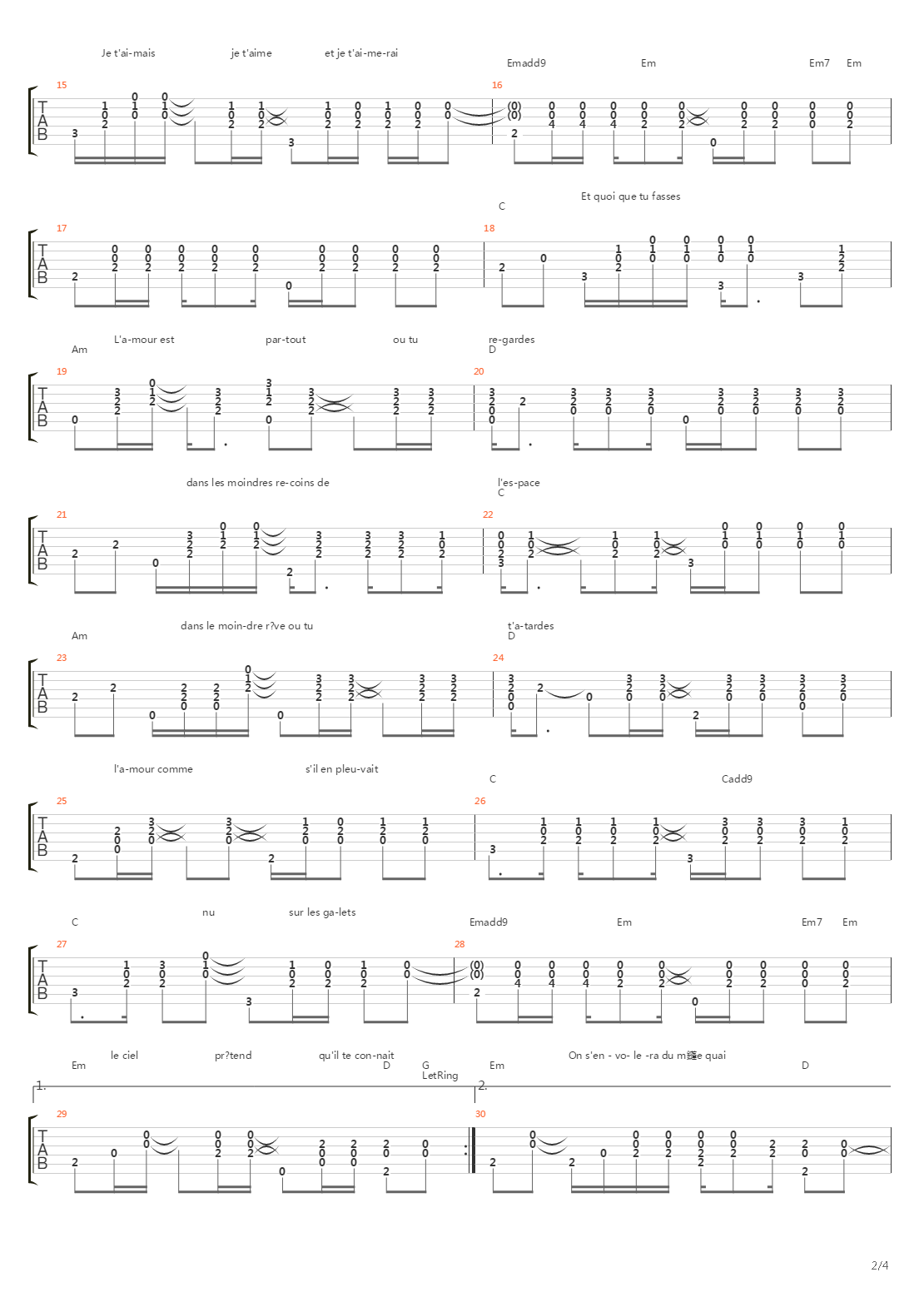 Je T'aimais, Je T'aime, Je T'aimerai吉他谱