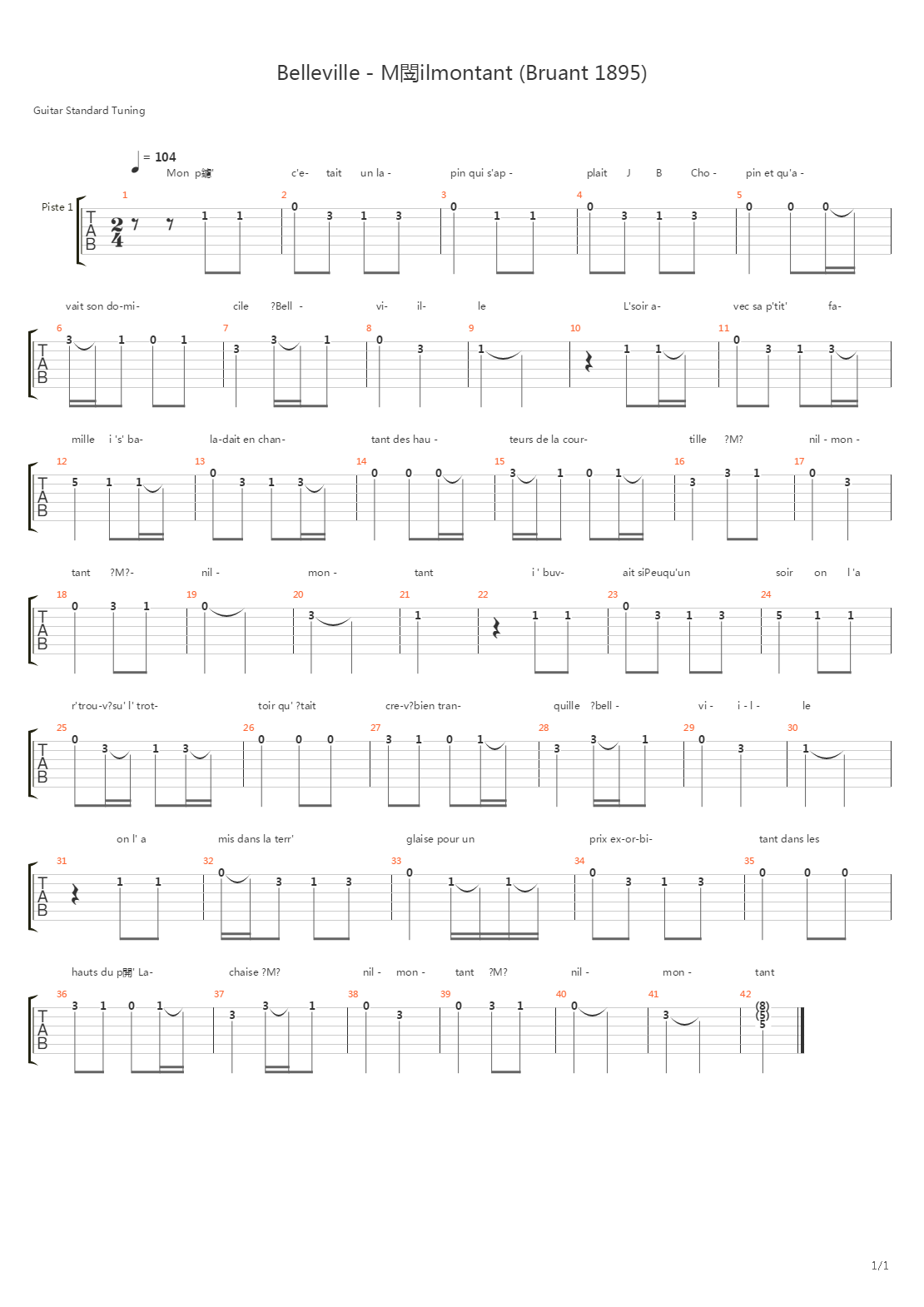 Belleville - Ménilmontant吉他谱