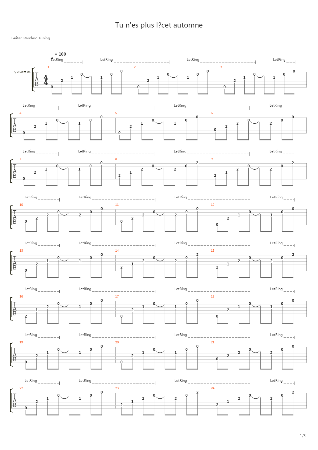 Tu N'es Plus Là Cet Automne吉他谱