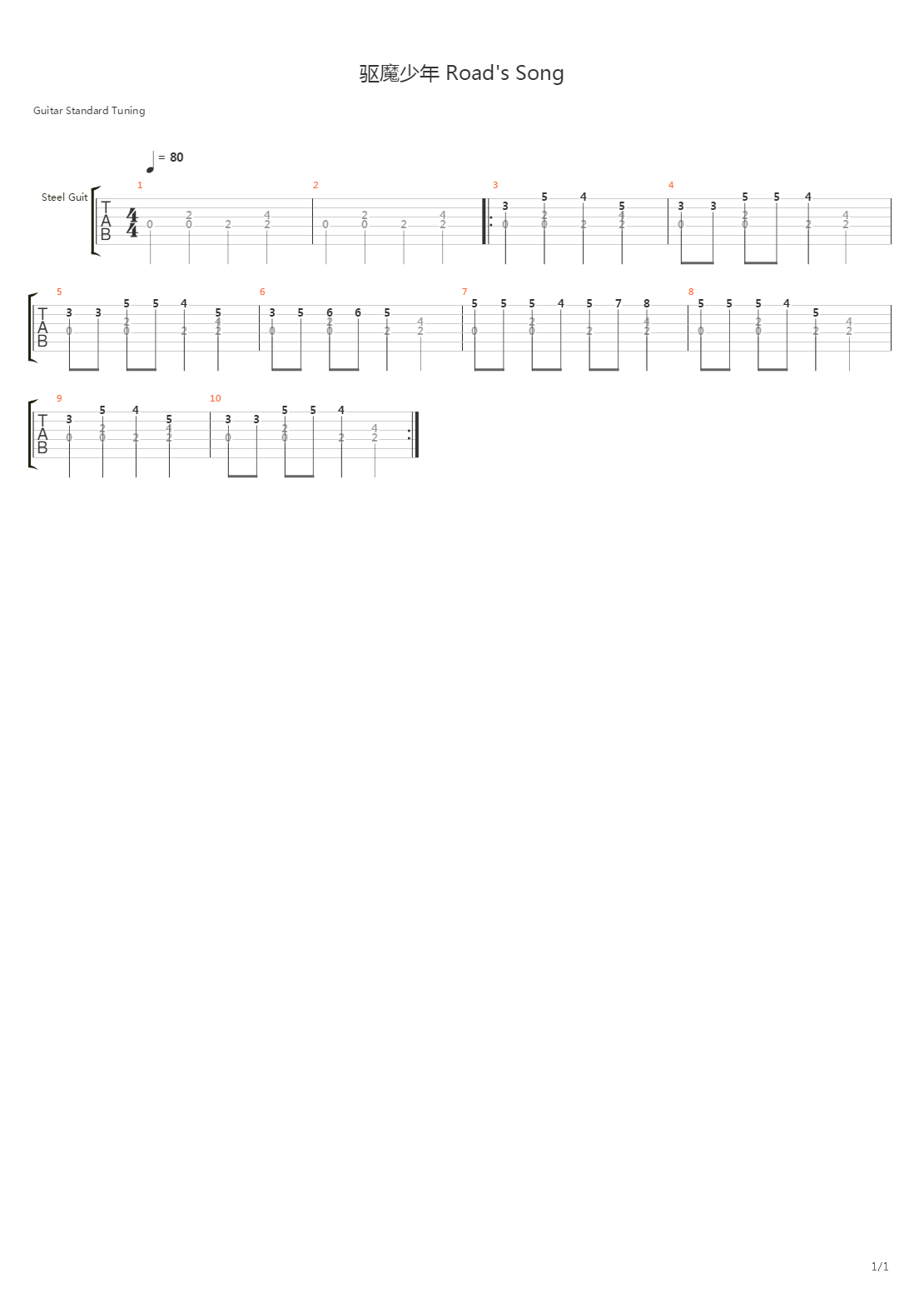 驱魔少年 - Road's Song吉他谱