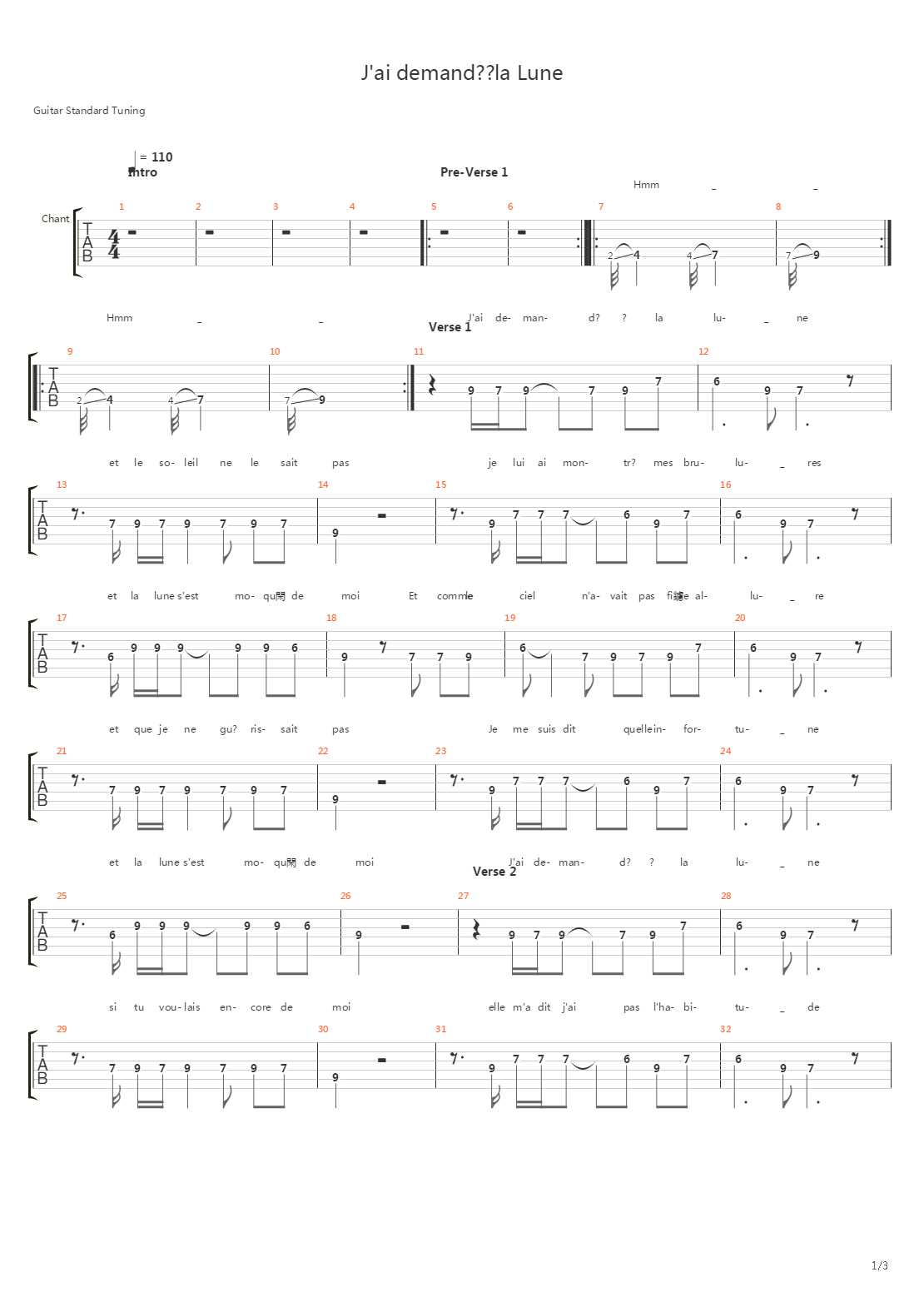 J'ai Demander A La Lune吉他谱