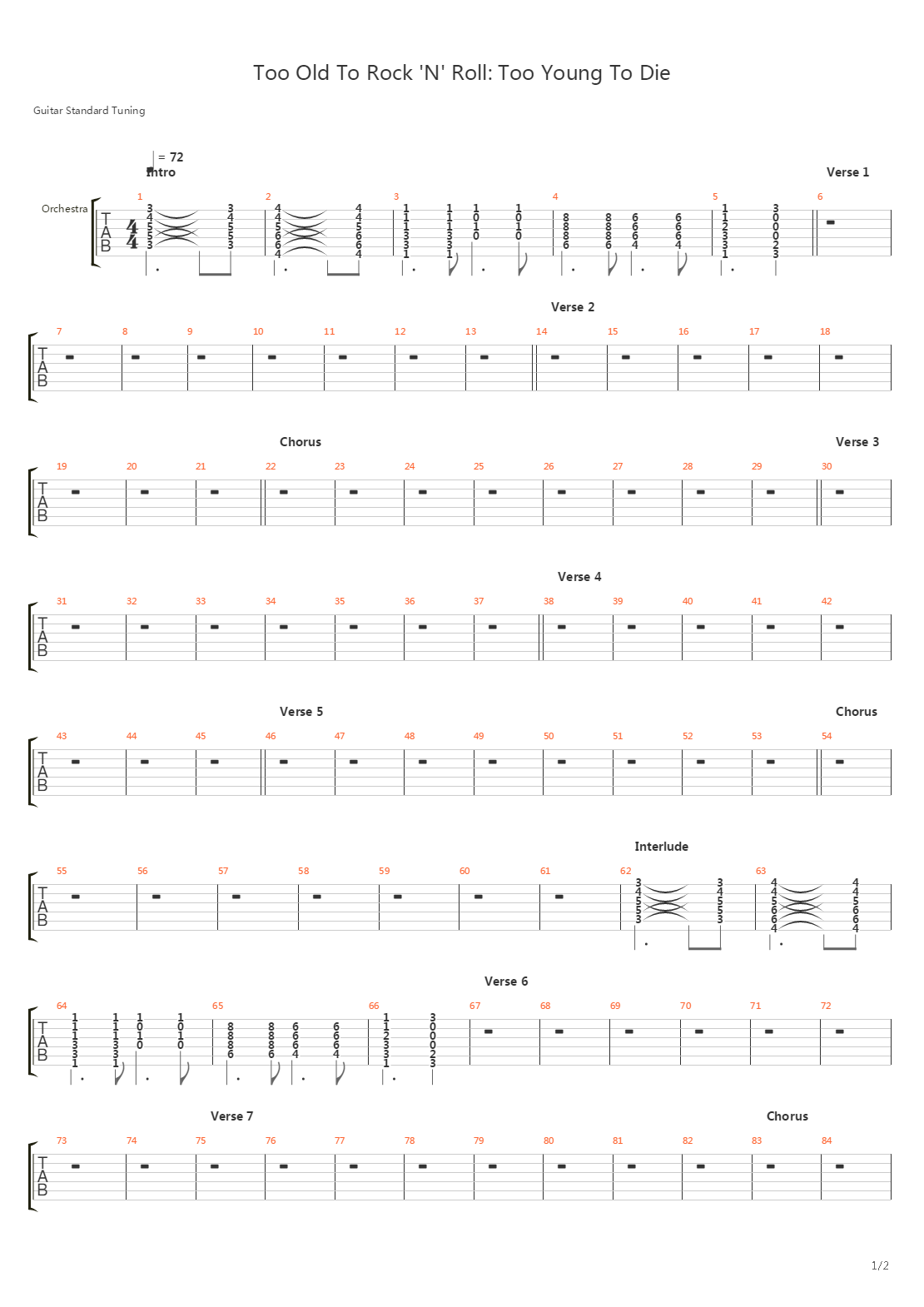 Too Old To Rock 'N' Roll, Too Young To Die吉他谱