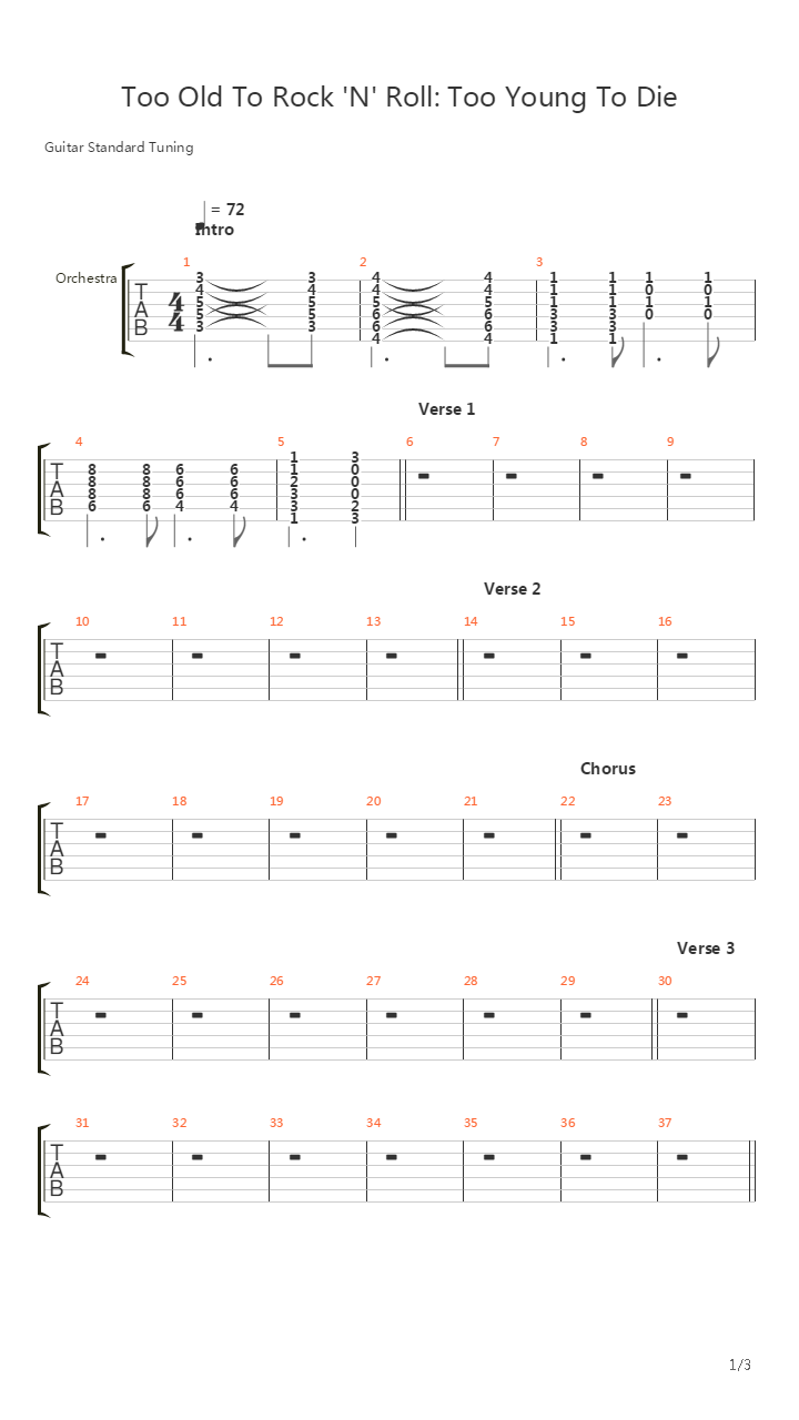 Too Old To Rock 'N' Roll, Too Young To Die吉他谱