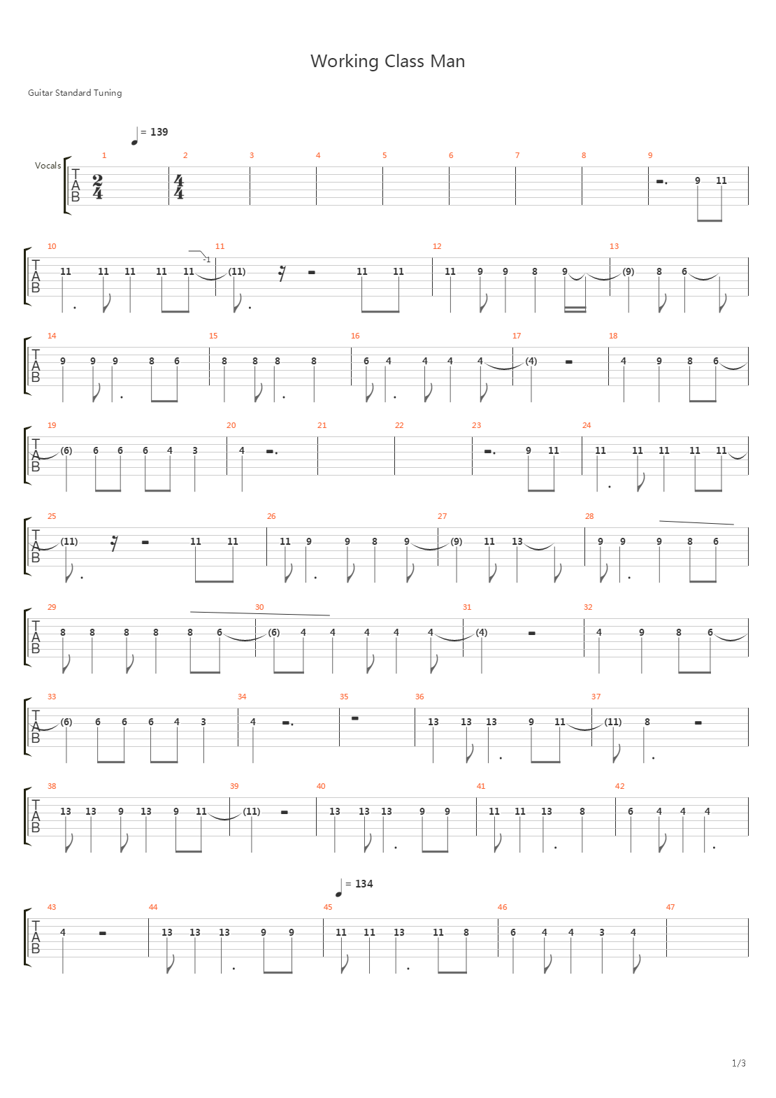 Working Class Man吉他谱