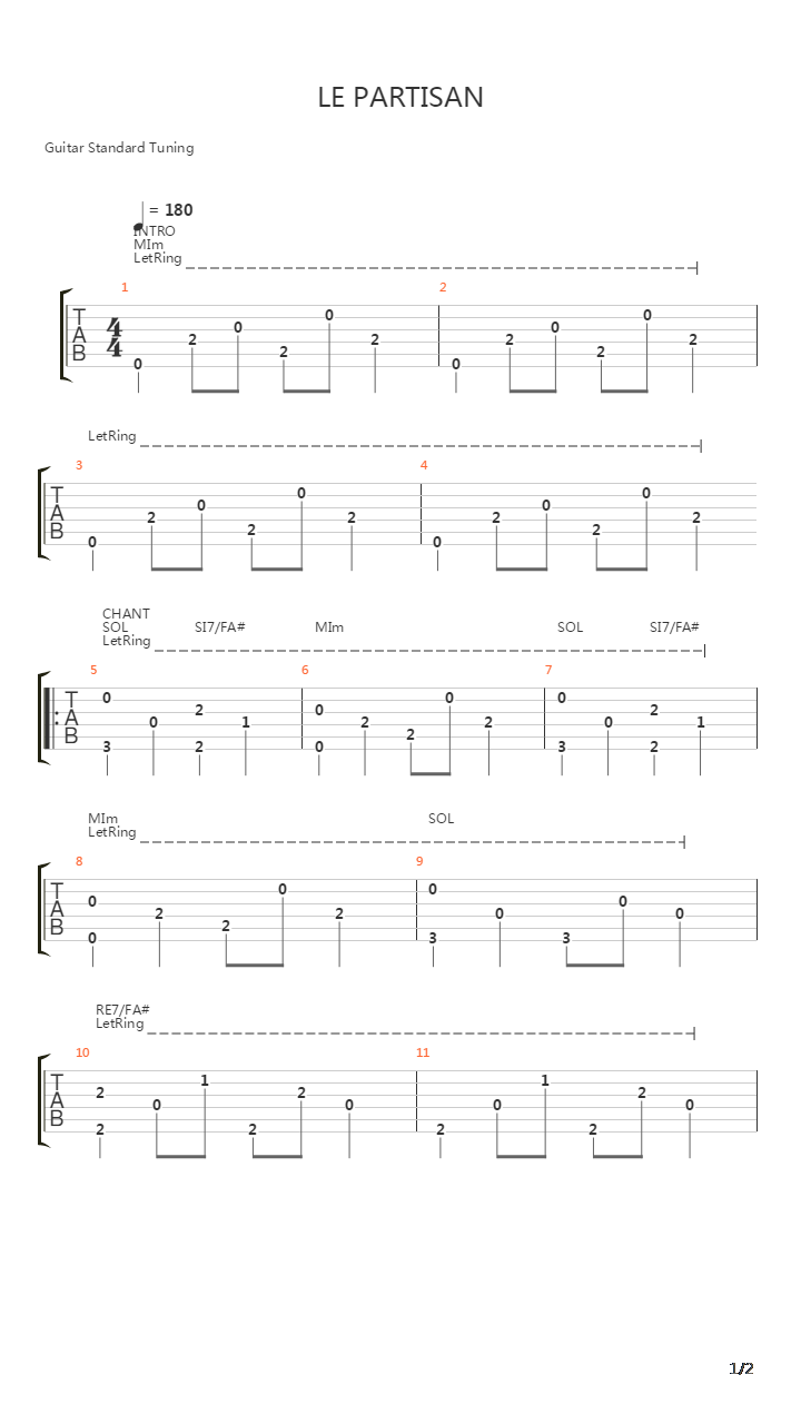 Le Partisan吉他谱
